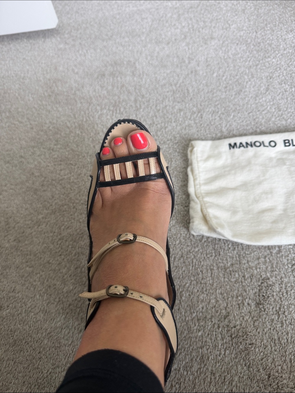 Manolo Blahnik Beige and Black Multi-Strap Sandal
